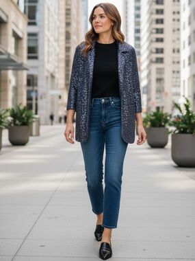 Talbots Navy Blue Hand-Knit Sequin Cardigan Blazer Size 1X NWOT Silk Cotton